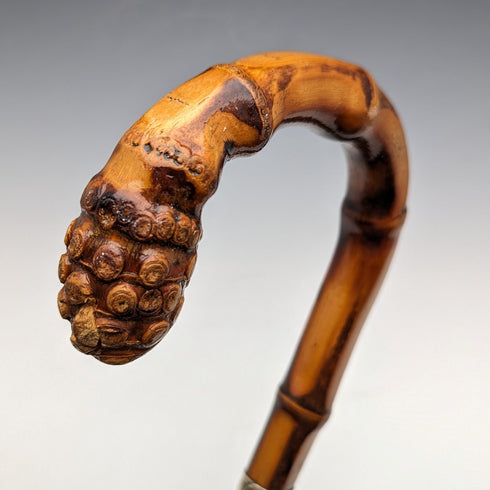 1926 British Vintage Men's Cane, Curved Handle, Sterling Silver Decoration, Bamboo Shaft, 82cm