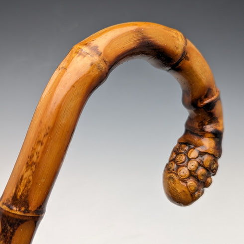 1926 British Vintage Men's Cane, Curved Handle, Sterling Silver Decoration, Bamboo Shaft, 82cm