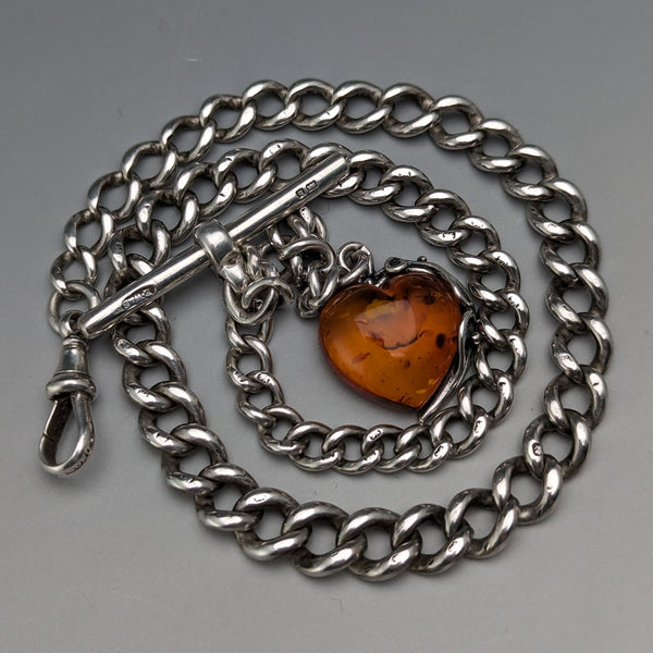 Circa 1900 British Antique Sterling Silver Albert Chain 33g Heart-shaped Amber Fob