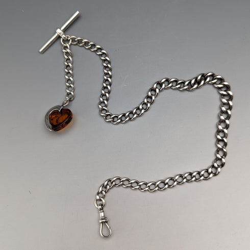 約 1900 年英國古董純銀阿爾伯特鏈 33 克心型琥珀吊墜