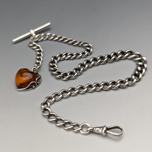 約 1900 年英國古董純銀阿爾伯特鏈 33 克心型琥珀吊墜