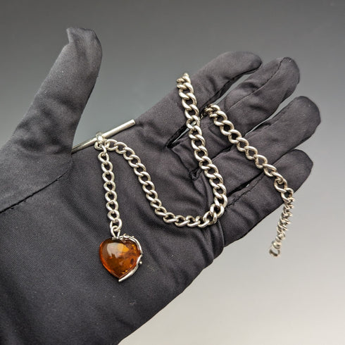 約 1900 年英國古董純銀阿爾伯特鏈 33 克心型琥珀吊墜