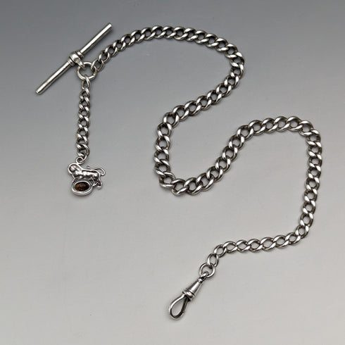 約 1910 年英國古董純銀阿爾伯特鏈 34 克獅子吊墜配琥珀