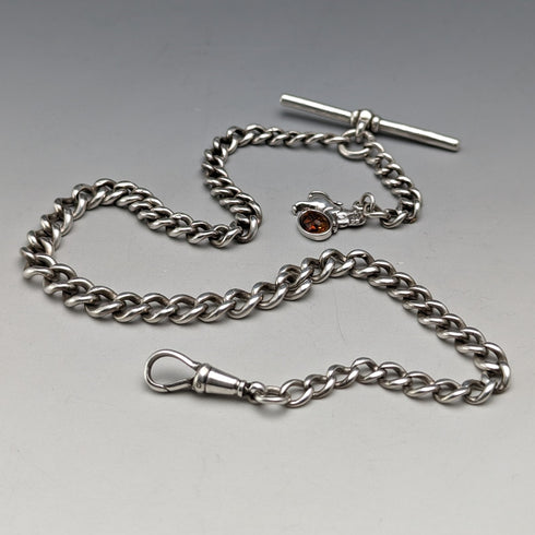 約 1910 年英國古董純銀阿爾伯特鏈 34 克獅子吊墜配琥珀