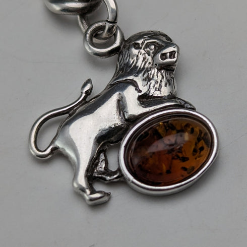 約 1910 年英國古董純銀阿爾伯特鏈 34 克獅子吊墜配琥珀