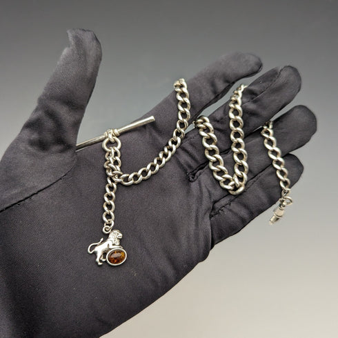 約 1910 年英國古董純銀阿爾伯特鏈 34 克獅子吊墜配琥珀