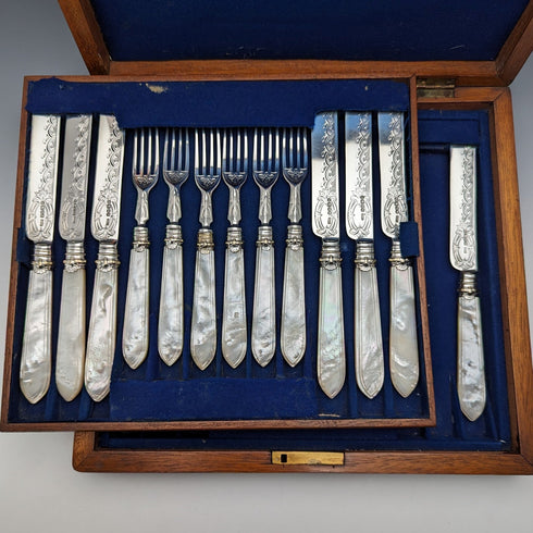 1875 British Antique White Pearl Handle & Sterling Silver Blade Cutlery 9 Pair Set Walker & Hall Wooden Box