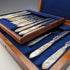 1875 British Antique White Pearl Handle & Sterling Silver Blade Cutlery 9 Pair Set Walker & Hall Wooden Box