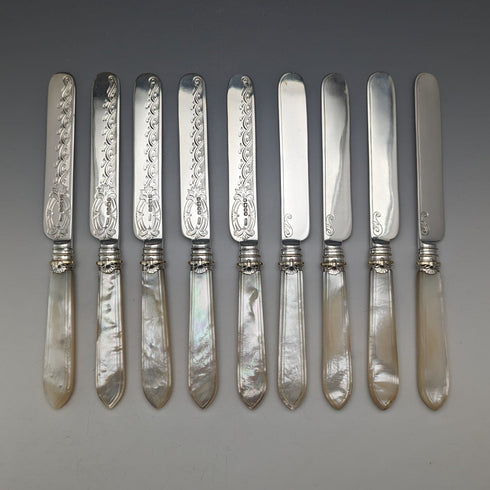 1875 British Antique White Pearl Handle & Sterling Silver Blade Cutlery 9 Pair Set Walker & Hall Wooden Box