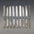 1875 British Antique White Pearl Handle & Sterling Silver Blade Cutlery 9 Pair Set Walker & Hall Wooden Box