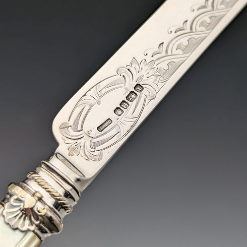 1875 British Antique White Pearl Handle & Sterling Silver Blade Cutlery 9 Pair Set Walker & Hall Wooden Box