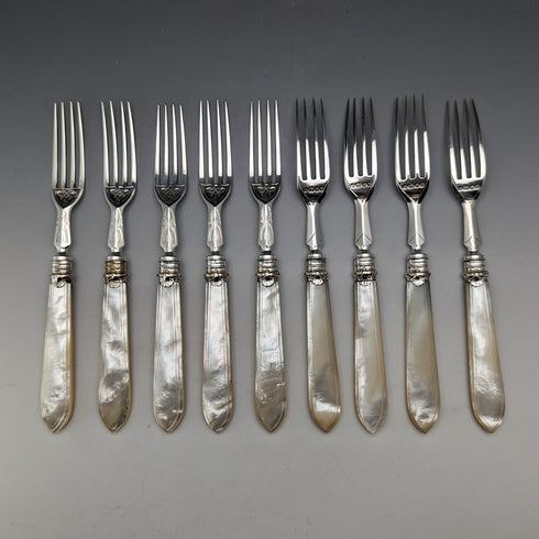 1875 British Antique White Pearl Handle & Sterling Silver Blade Cutlery 9 Pair Set Walker & Hall Wooden Box