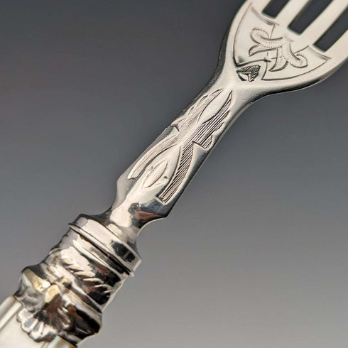 1875 British Antique White Pearl Handle & Sterling Silver Blade Cutlery 9 Pair Set Walker & Hall Wooden Box