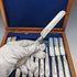 1875 British Antique White Pearl Handle & Sterling Silver Blade Cutlery 9 Pair Set Walker & Hall Wooden Box
