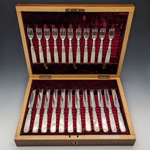1897 British Antique White Pearl Handle & Sterling Silver Blade Dessert Cutlery Set Harrison Brothers in Wooden Box