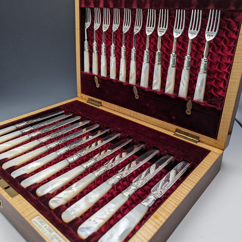 1897 British Antique White Pearl Handle & Sterling Silver Blade Dessert Cutlery Set Harrison Brothers in Wooden Box