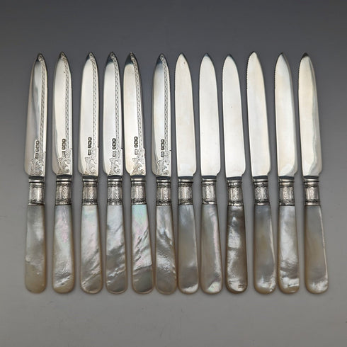 1897 British Antique White Pearl Handle & Sterling Silver Blade Dessert Cutlery Set Harrison Brothers in Wooden Box