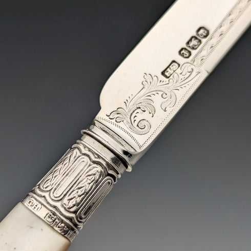 1897 British Antique White Pearl Handle & Sterling Silver Blade Dessert Cutlery Set Harrison Brothers in Wooden Box