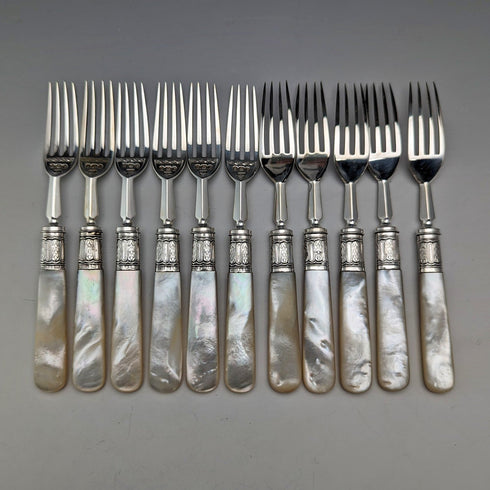 1897 British Antique White Pearl Handle & Sterling Silver Blade Dessert Cutlery Set Harrison Brothers in Wooden Box
