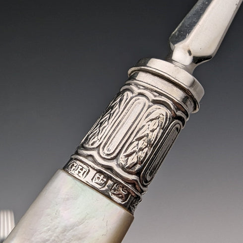 1897 British Antique White Pearl Handle & Sterling Silver Blade Dessert Cutlery Set Harrison Brothers in Wooden Box