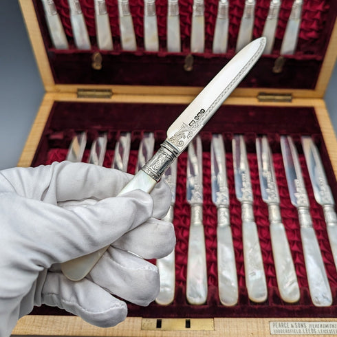 1897 British Antique White Pearl Handle & Sterling Silver Blade Dessert Cutlery Set Harrison Brothers in Wooden Box