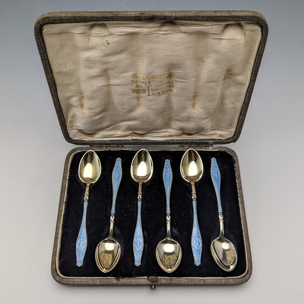 1913 British Antique Enamel Sterling Silver Coffee Spoon Set of 6 Theodor Hartmann