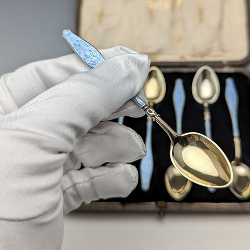 1913年 英国アンティーク エナメル装飾 純銀製 コーヒースプーン6本セット Theodor Hartmann