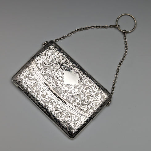 1906 British Antique Sterling Silver Chain Card Case 86g William Henry Sparrow