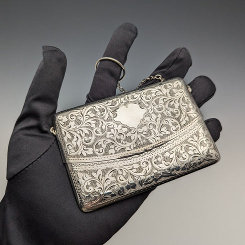 1906 British Antique Sterling Silver Chain Card Case 86g William Henry Sparrow