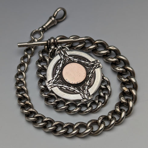 Circa 1923 British Antique Sterling Silver Albert Chain 56g Medal Fob