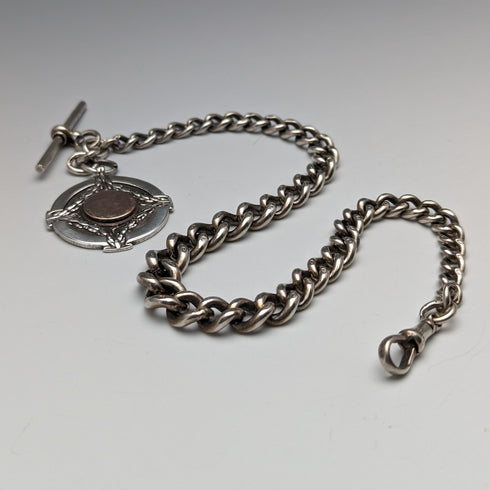 Circa 1923 British Antique Sterling Silver Albert Chain 56g Medal Fob