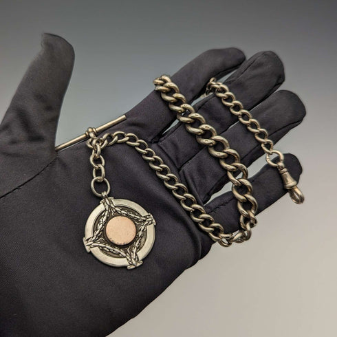 1923年頃 英国アンティーク 純銀製アルバートチェーン 56g メダルフォブ