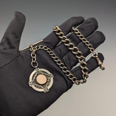 Circa 1923 British Antique Sterling Silver Albert Chain 56g Medal Fob