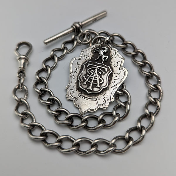 Circa 1884 British Antique Sterling Silver Albert Chain 37g Emblem Fob