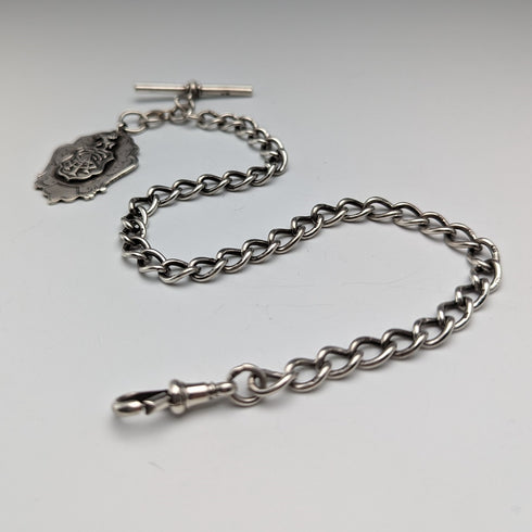 Circa 1884 British Antique Sterling Silver Albert Chain 37g Emblem Fob