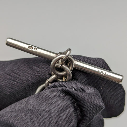 Circa 1884 British Antique Sterling Silver Albert Chain 37g Emblem Fob