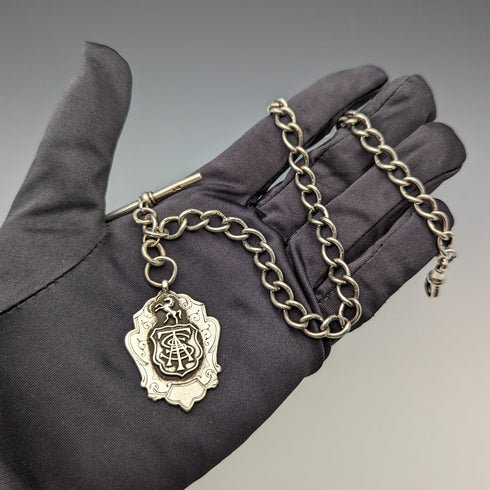 Circa 1884 British Antique Sterling Silver Albert Chain 37g Emblem Fob