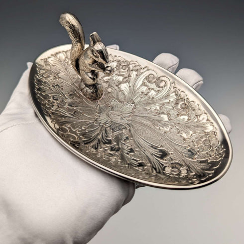 British Vintage Silver Plated Squirrel Decoration Oval Dish Seba