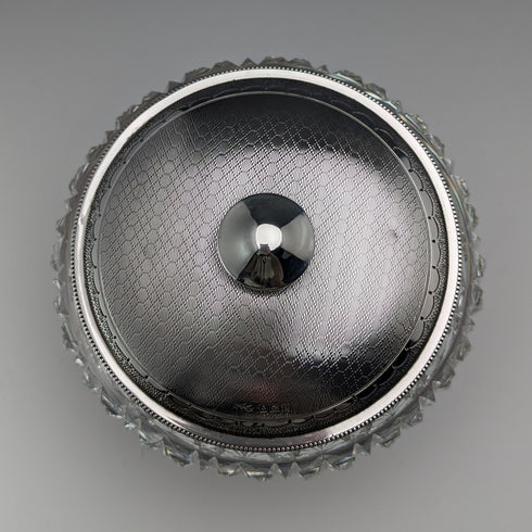 1929年 英国ヴィンテージ カットガラス ミラー付きパウダージャー 純銀蓋 Harrison & Hipwood