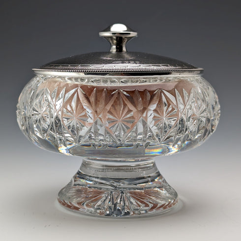 1929年 英国ヴィンテージ カットガラス ミラー付きパウダージャー 純銀蓋 Harrison & Hipwood