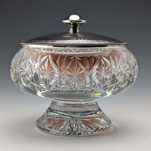 1929 British Vintage Cut Glass Powder Jar with Mirror Sterling Silver Lid Harrison & Hipwood