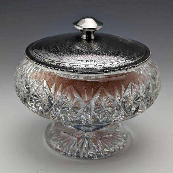 1929 British Vintage Cut Glass Powder Jar with Mirror Sterling Silver Lid Harrison & Hipwood