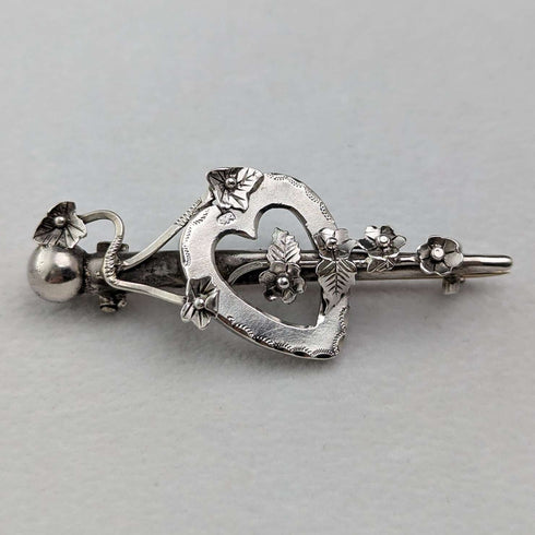 1900 British Antique Sterling Silver Open Heart & Plant Brooch Barker Brothers