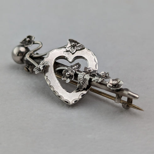 1900 年英國古董純銀敞開心形與植物胸針 Barker Brothers