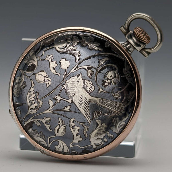 約 1923 年古董浪琴懷錶,帶花鳥裝飾,銀側 Niero Hunter 錶殼,工作狀況良好
