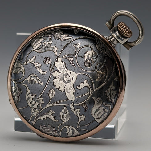 Circa 1923 Antique Longines pocket watch with flower and bird decoration, silver side Niero Hunter case, in good working order