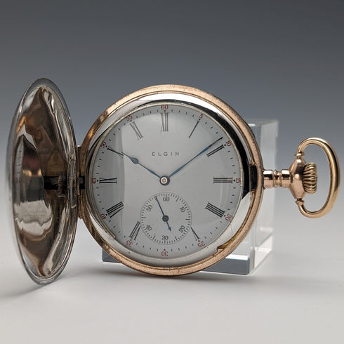 1914 US Antique Elgin Pocket Watch Sterling Silver Multicolor Hunter Case Good Working Condition