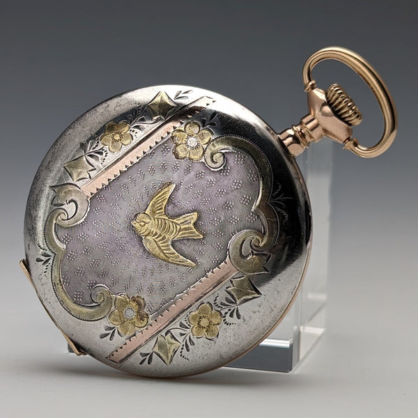 1914年 米国アンティーク エルジン 懐中時計 純銀マルチカラー ハンターケース 動作良好