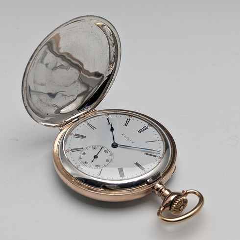 1914 US Antique Elgin Pocket Watch Sterling Silver Multicolor Hunter Case Good Working Condition