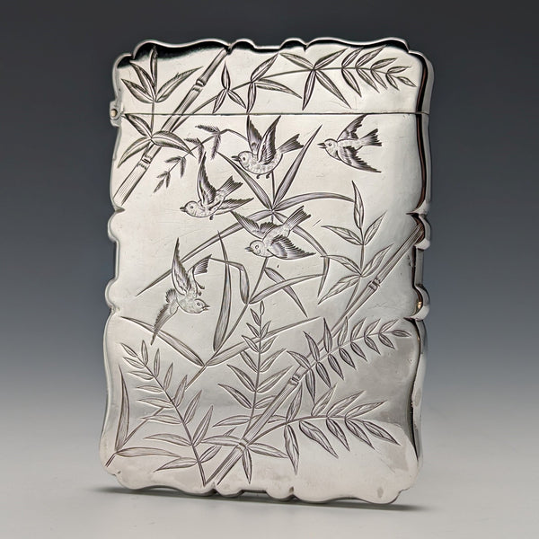 1881 British Antique Sterling Silver Card Case Japonisme Decoration 63g Deakin and Nephew